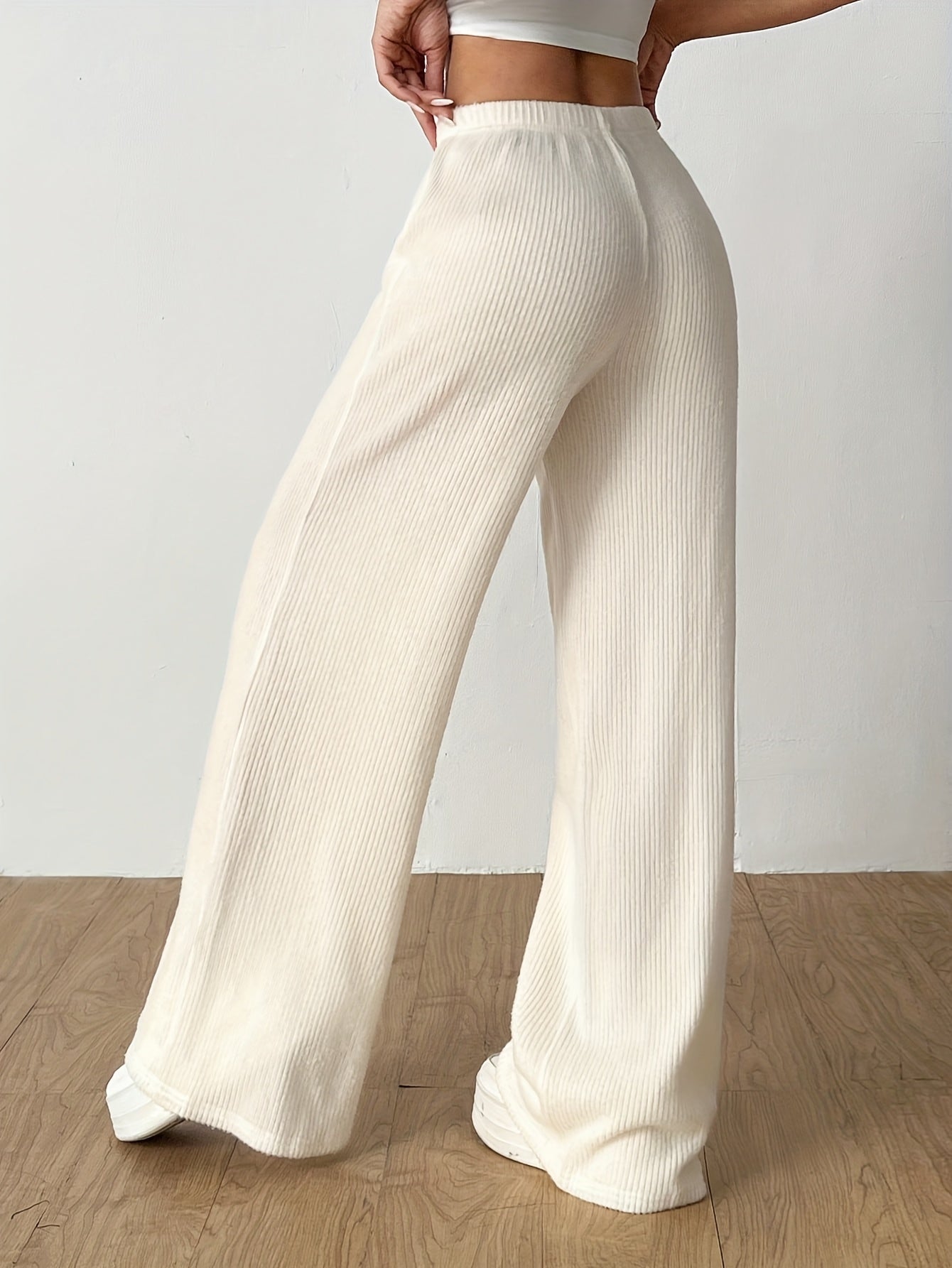 Effortless Ribbed Knit Wide Leg Pants for Women with High Waist Drawstring Relaxed Flowing Casual Style