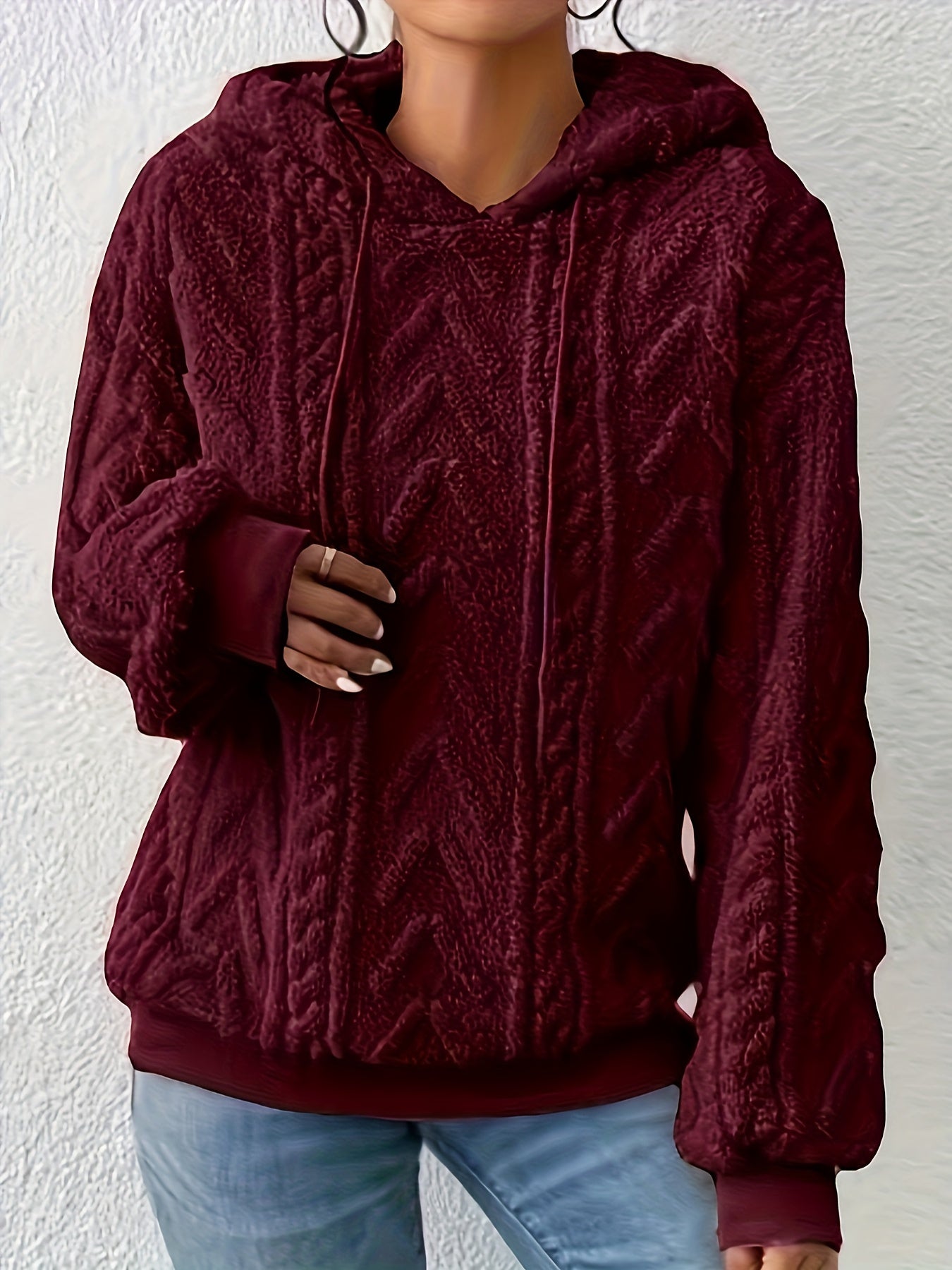 Comfortable Cable Knit Fleece Hoodie for Women with Drawstring Hood Long Sleeve Ribbed Cuff Oversized Style