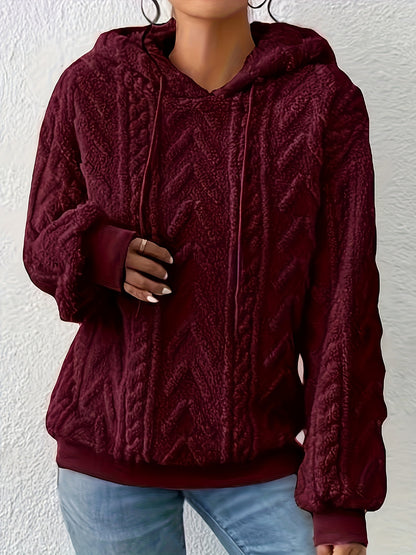 Comfortable Cable Knit Fleece Hoodie for Women with Drawstring Hood Long Sleeve Ribbed Cuff Oversized Style