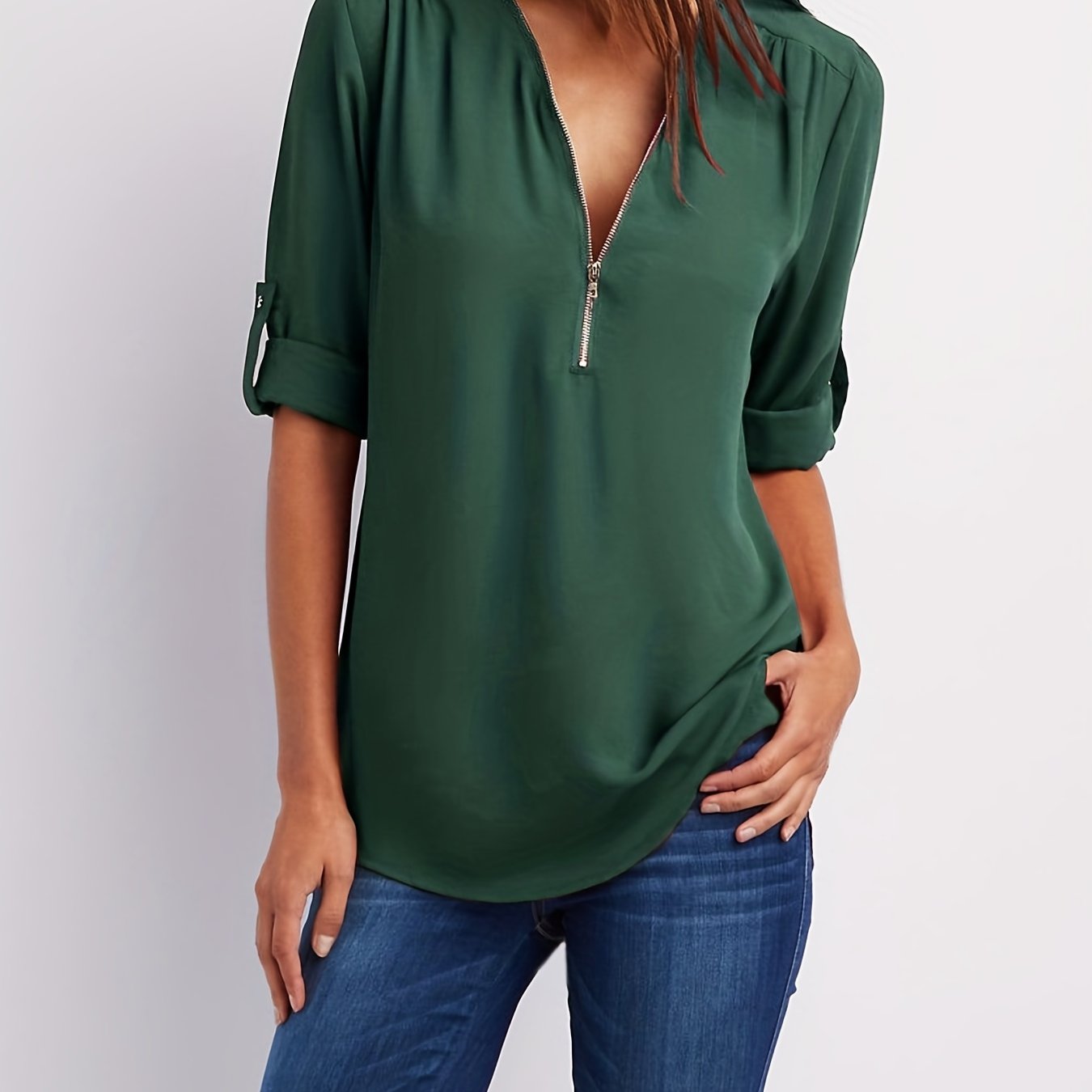 Effortless Chiffon Blouse for Women with V Neck Zip Front Roll Tab Sleeve Relaxed Style
