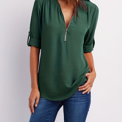 Effortless Chiffon Blouse for Women with V Neck Zip Front Roll Tab Sleeve Relaxed Style