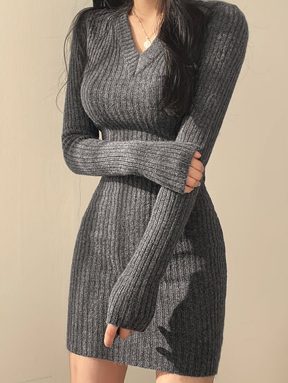 Elegant Ribbed Sweater Mini Dress for Women with V Neck Long Sleeve Bodycon Knit Style