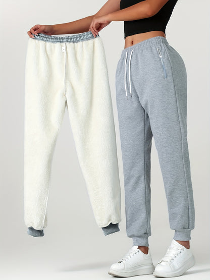 Comfortable Fleece Lined Jogger Sweatpants for Women with Elastic Waistband Drawstring Zip Pocket Relaxed Style