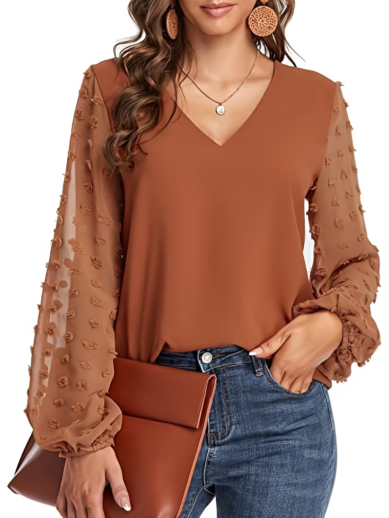 Elegant Swiss Dot Blouse for Women with V Neck Balloon Sleeve Relaxed Silky Style