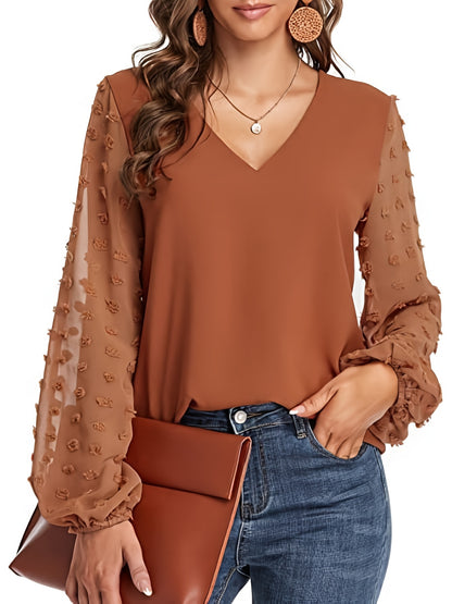 Elegant Swiss Dot Blouse for Women with V Neck Balloon Sleeve Relaxed Silky Style