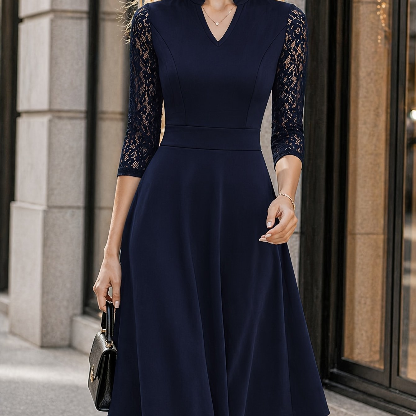 Elegant Lace Midi Dress for Women with V Neck Elbow Sleeve Fit and Flare Cocktail Style