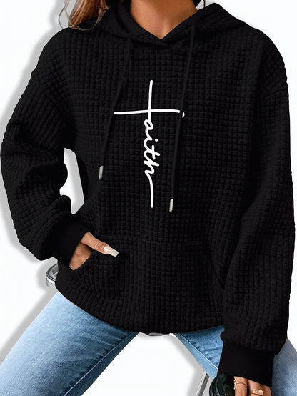 Comfortable Waffle Knit Graphic Hoodie for Women with Drawstring Long Sleeve Kangaroo Pocket Oversized Style