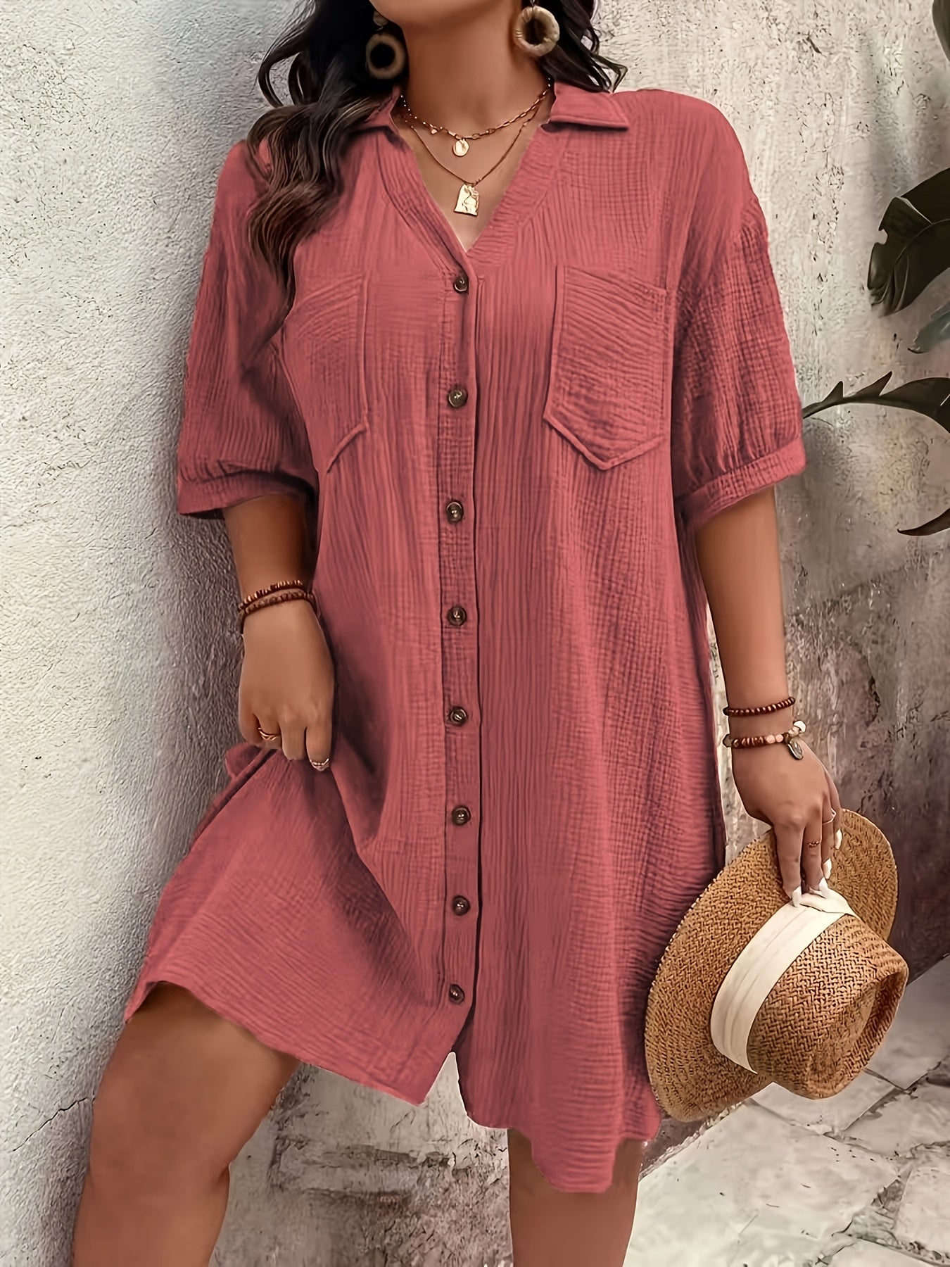 Effortless Wheat Cotton Shirt Dress for Women with Collar V Neck Elbow Sleeve Button Front Relaxed Style