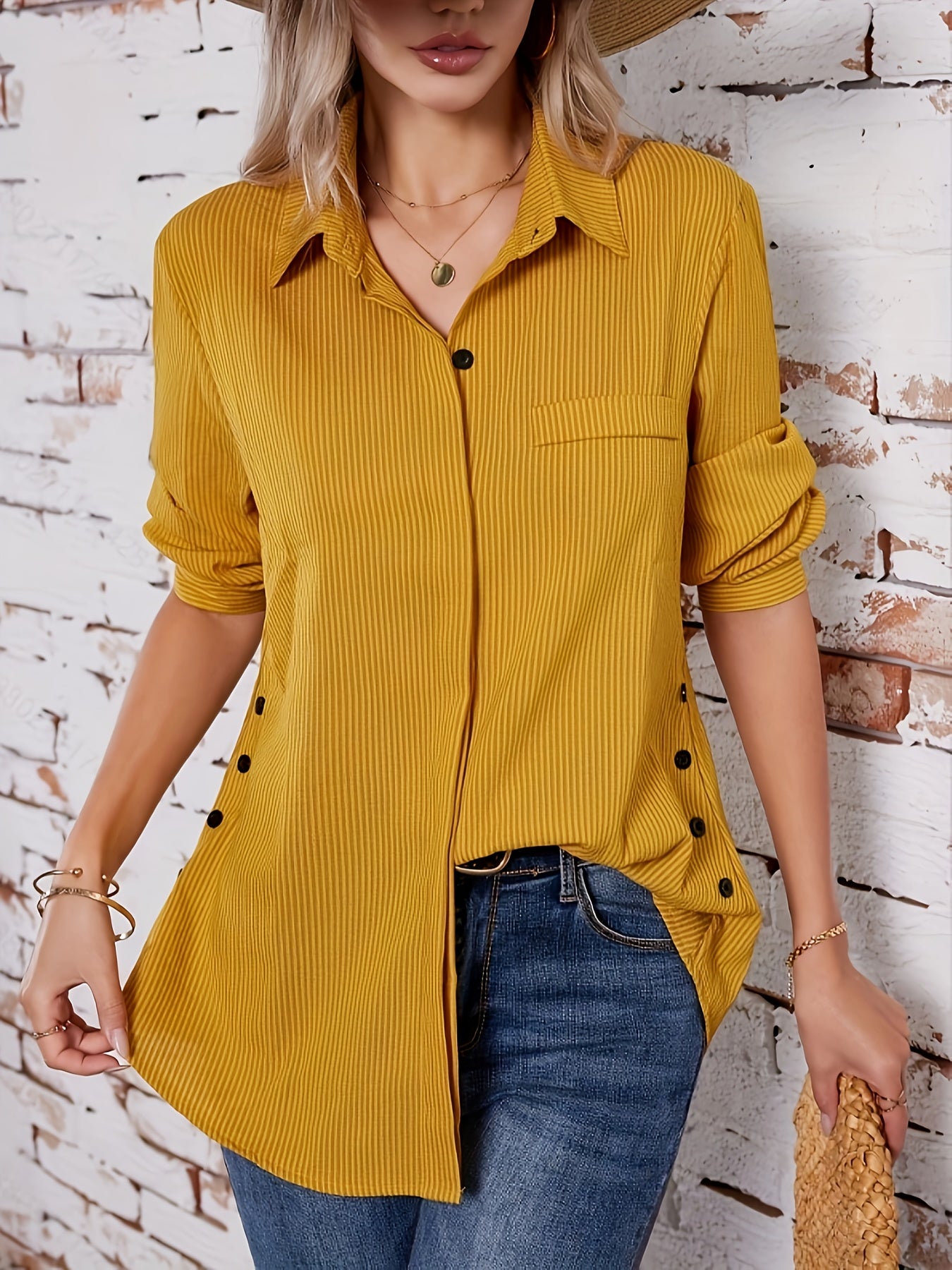 Effortless Striped Tunic Blouse for Women with Collar Long Sleeve Button Front Relaxed Style