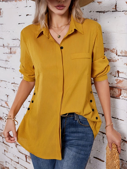 Effortless Striped Tunic Blouse for Women with Collar Long Sleeve Button Front Relaxed Style