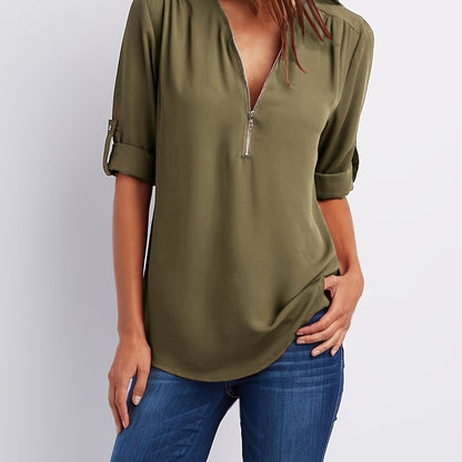Effortless Chiffon Blouse for Women with V Neck Zip Front Roll Tab Sleeve Relaxed Style