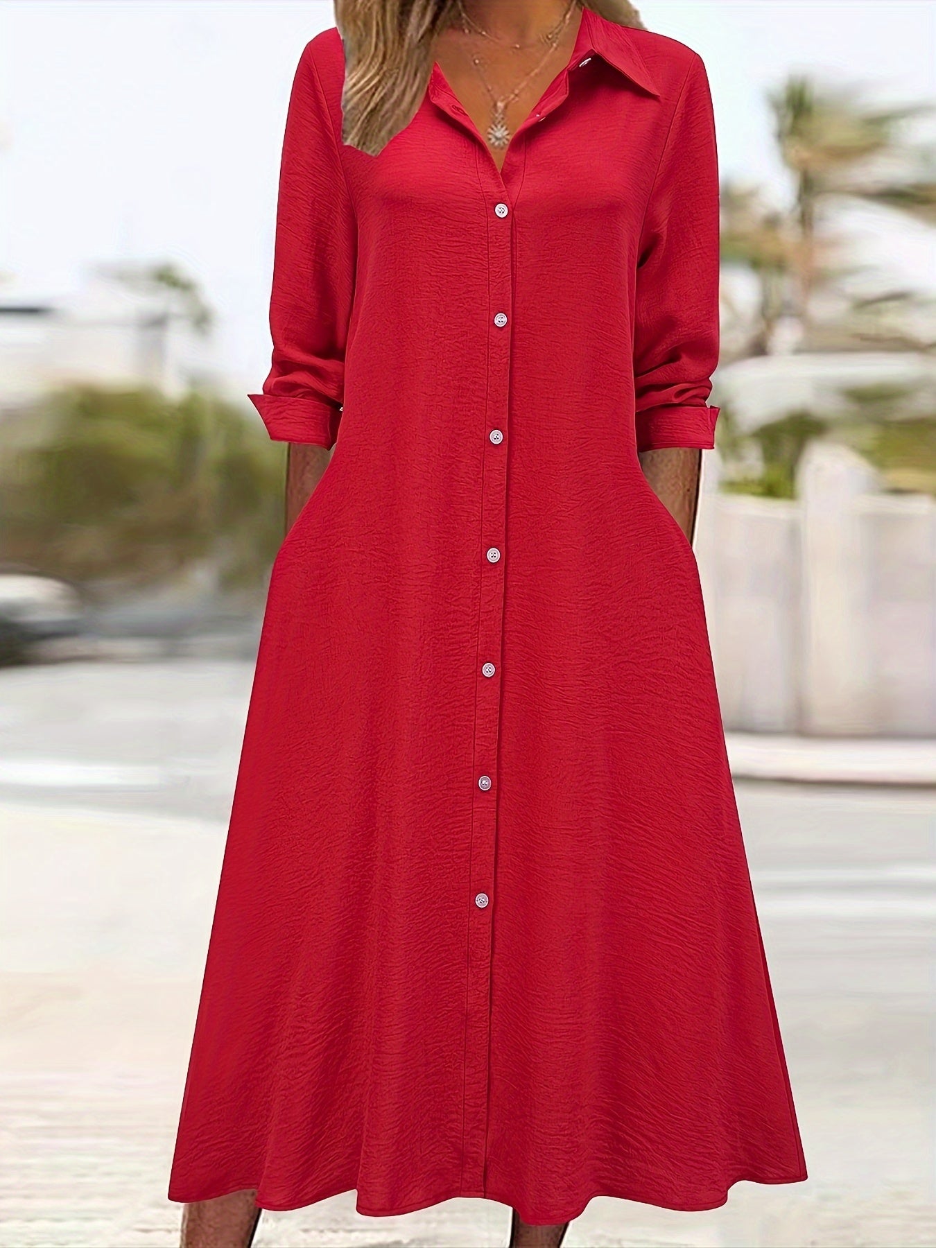 Effortless Shirt Dress for Women with Collar Long Sleeve Button Front Flowing Style