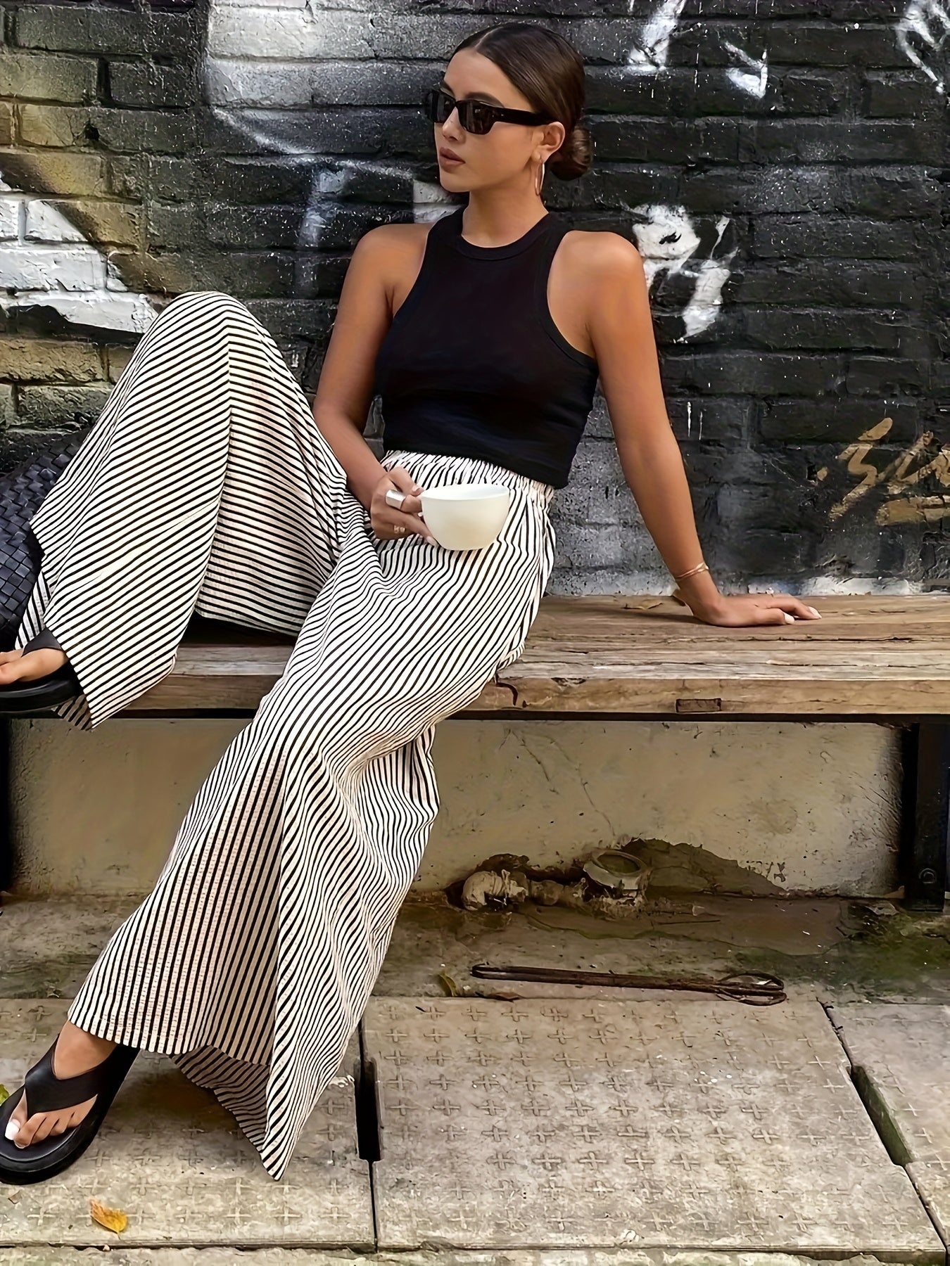 Effortless Apricot Striped Wide Leg Pants for Women with High Waist Flowing Palazzo Casual Style