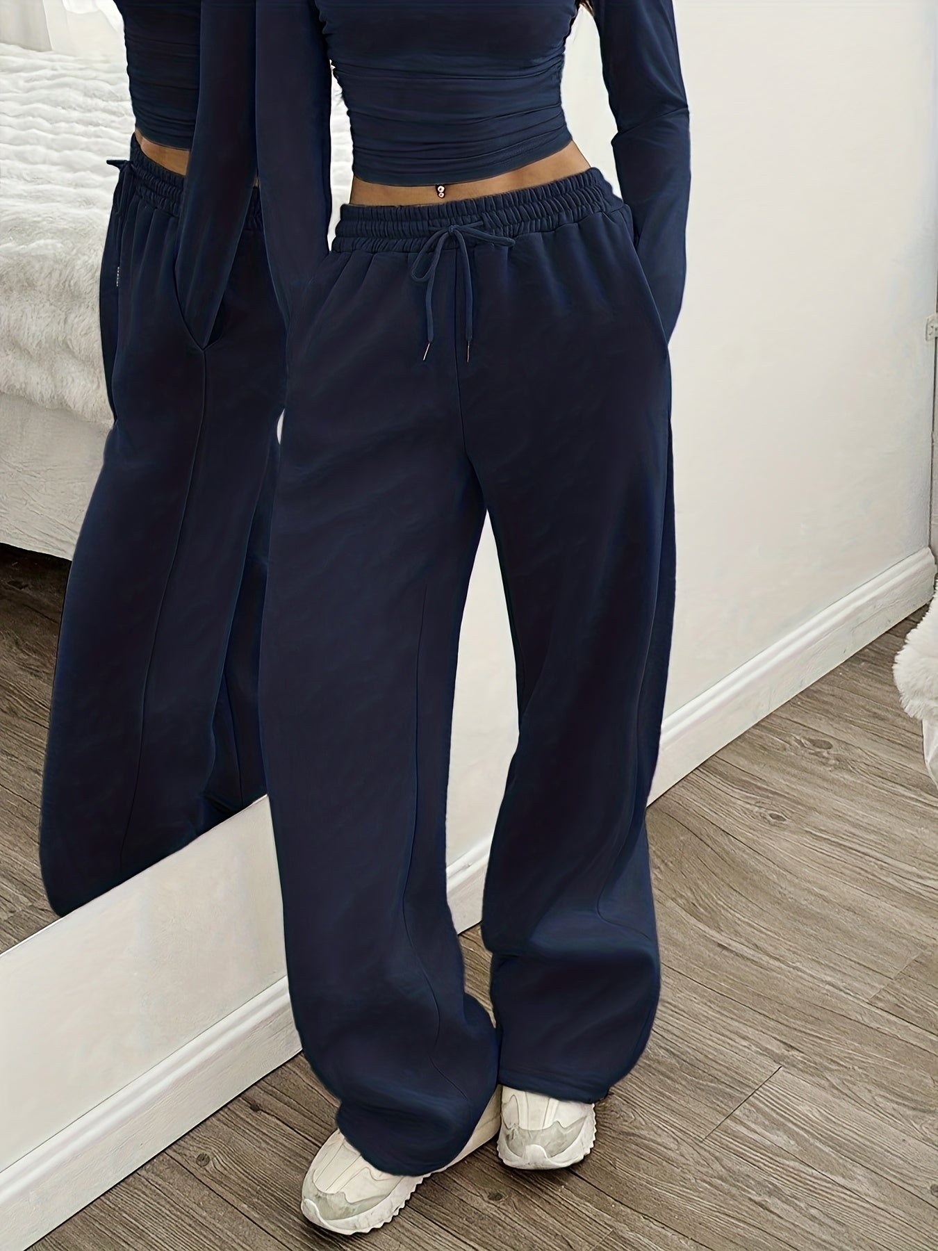 Effortless Wide Leg Set for Women with Round Neck Long Sleeve Ruched Drawstring Two Piece Style
