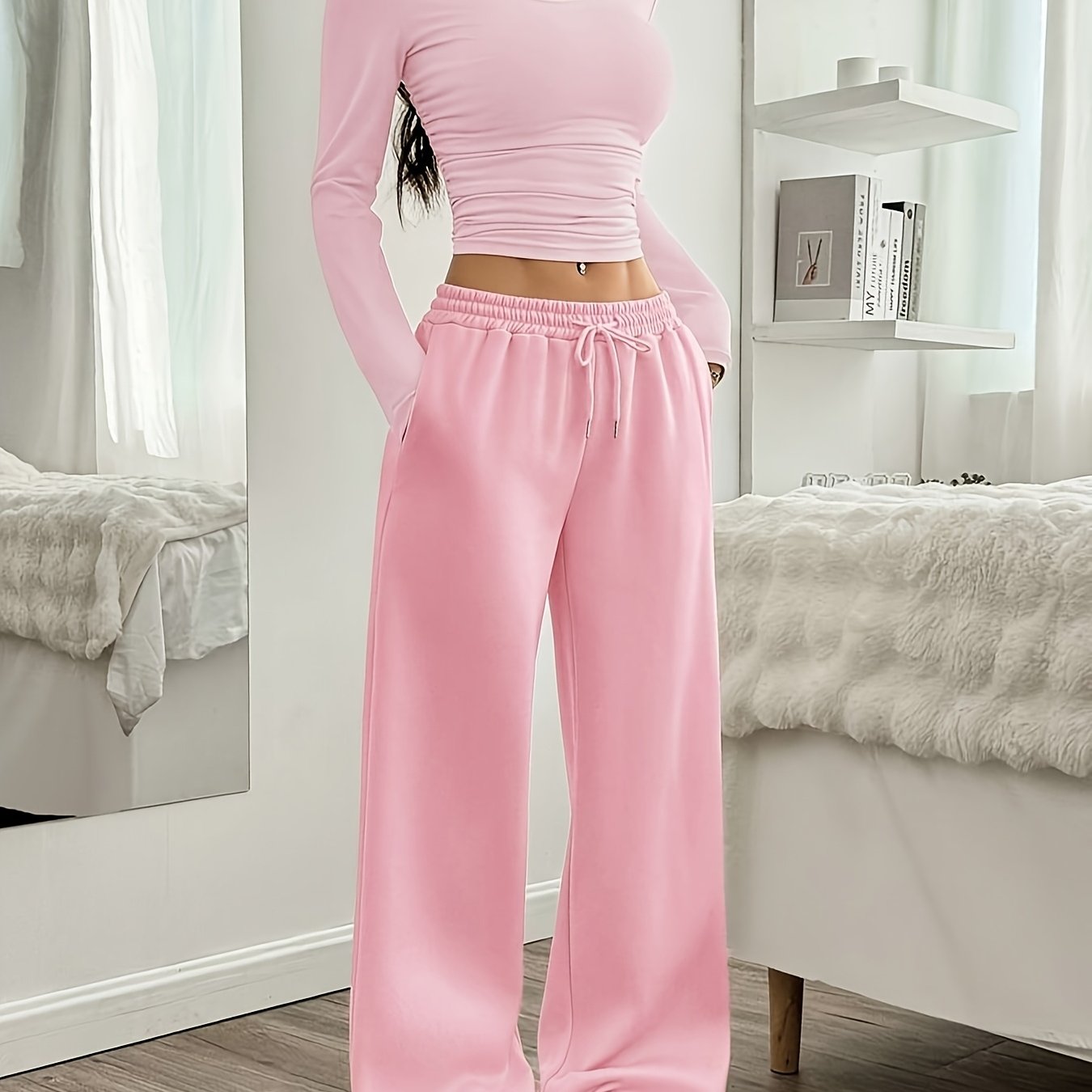Effortless Wide Leg Set for Women with Round Neck Long Sleeve Ruched Drawstring Two Piece Style