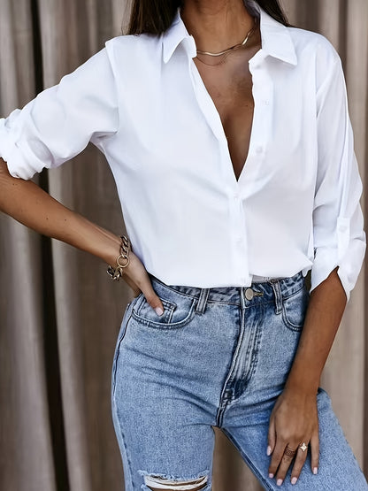 Effortless White Blouse for Women with Collar Long Sleeve Button Front Relaxed Oversized Style