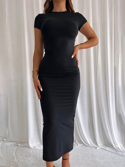 Elegant Bodycon Maxi Dress for Women with Crew Neck Short Sleeve Ruched Fitted Style
