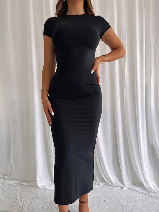 Elegant Bodycon Maxi Dress for Women with Crew Neck Short Sleeve Ruched Fitted Style