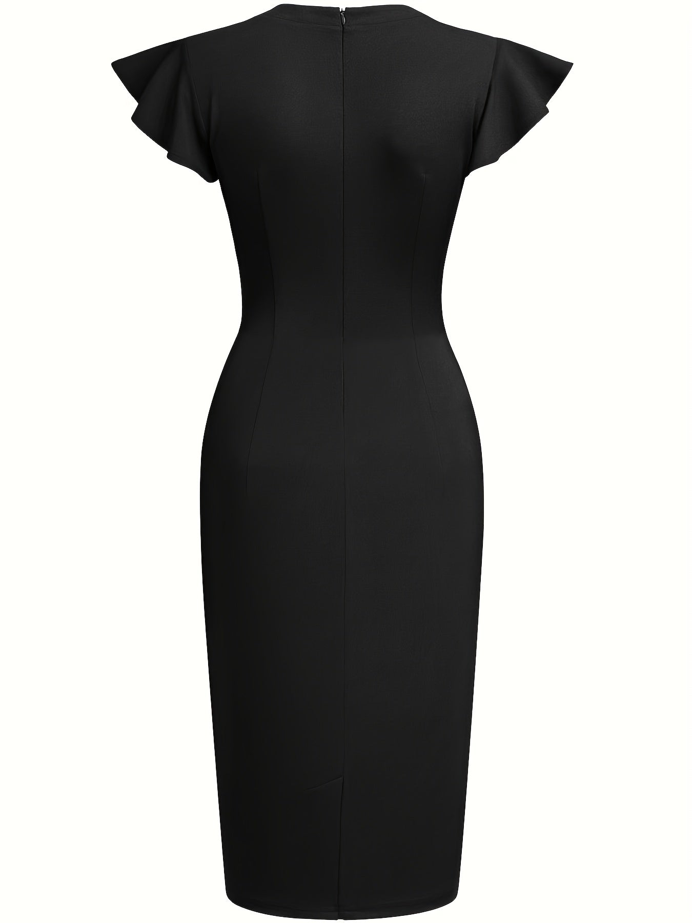 Elegant Sheath Midi Dress for Women with Round Neck Flutter Sleeve Studded Trim Bodycon Style