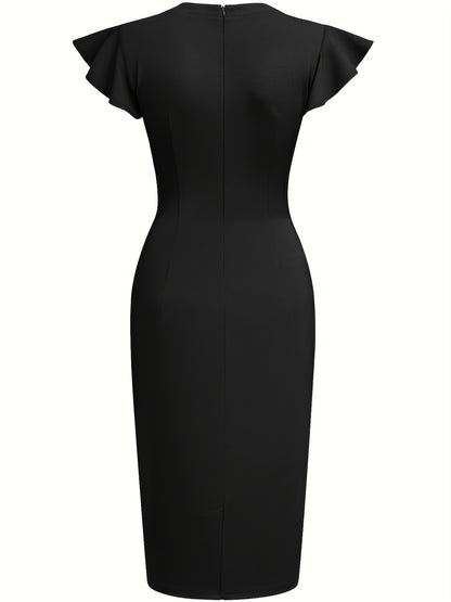 Elegant Sheath Midi Dress for Women with Round Neck Flutter Sleeve Studded Trim Bodycon Style