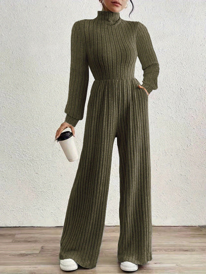 Elegant Ribbed Knit Jumpsuit for Women with Mock Neck Long Sleeve Wide Leg Casual Style