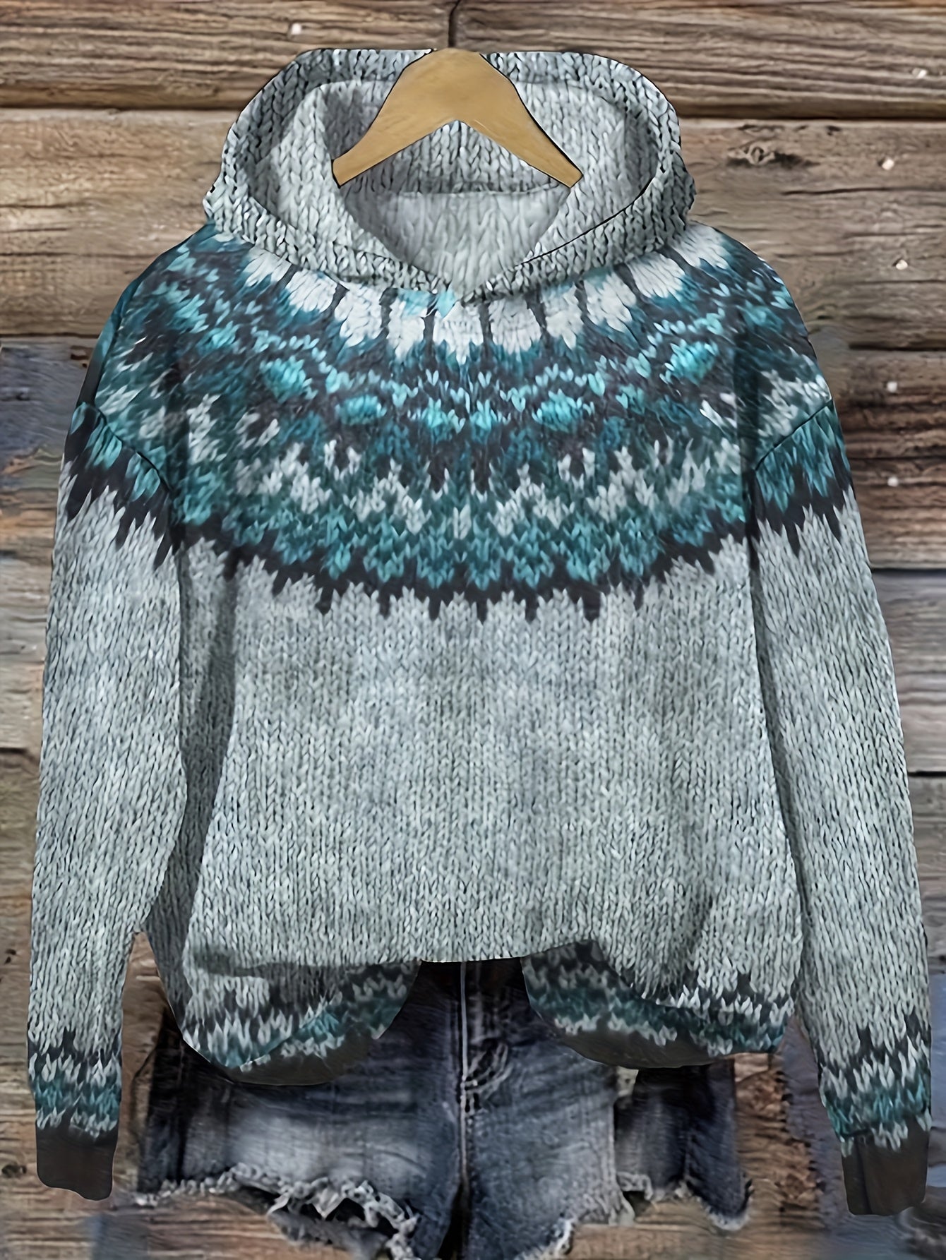 Comfortable Fair Isle Print Sweater for Women with Hooded Long Sleeve Relaxed Oversized Knit Style