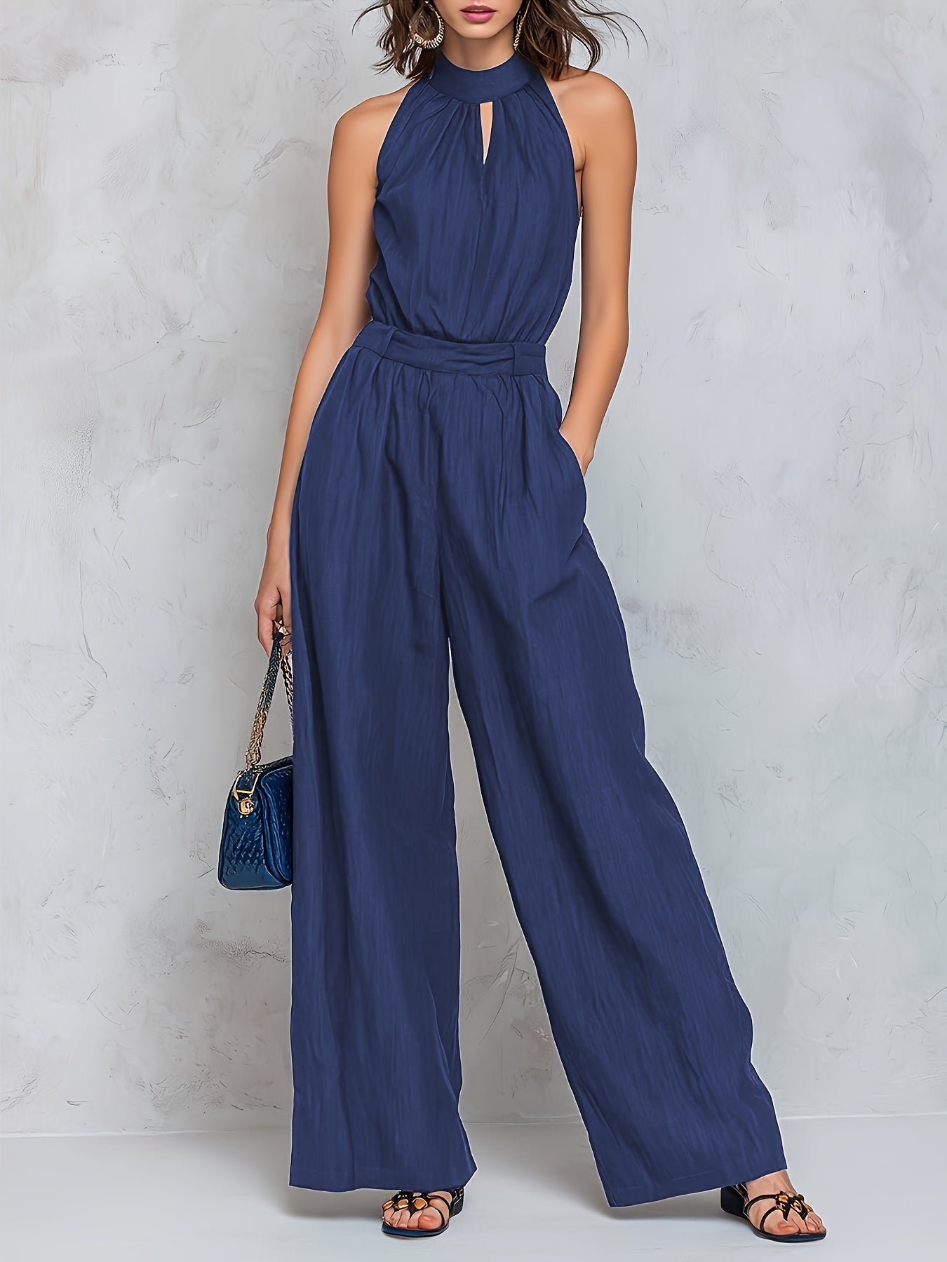 Elegant Blue Wide Leg Jumpsuit for Women with Halter Neck Keyhole Sleeveless Relaxed Style
