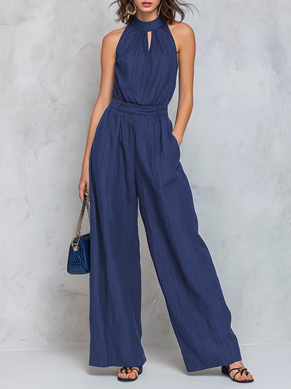 Elegant Blue Wide Leg Jumpsuit for Women with Halter Neck Keyhole Sleeveless Relaxed Style