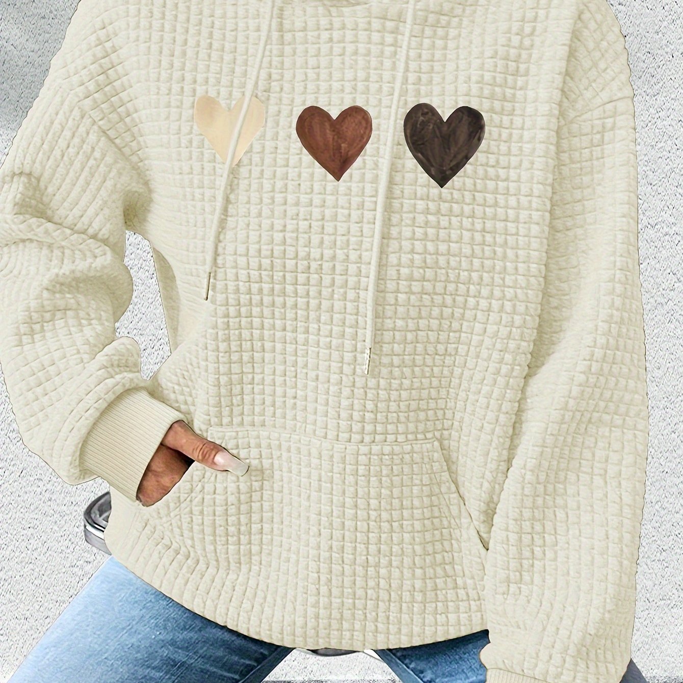 Effortless Heart Print Waffle Knit Hoodie for Women with Drawstring Hood Long Sleeve Oversized Relaxed Style