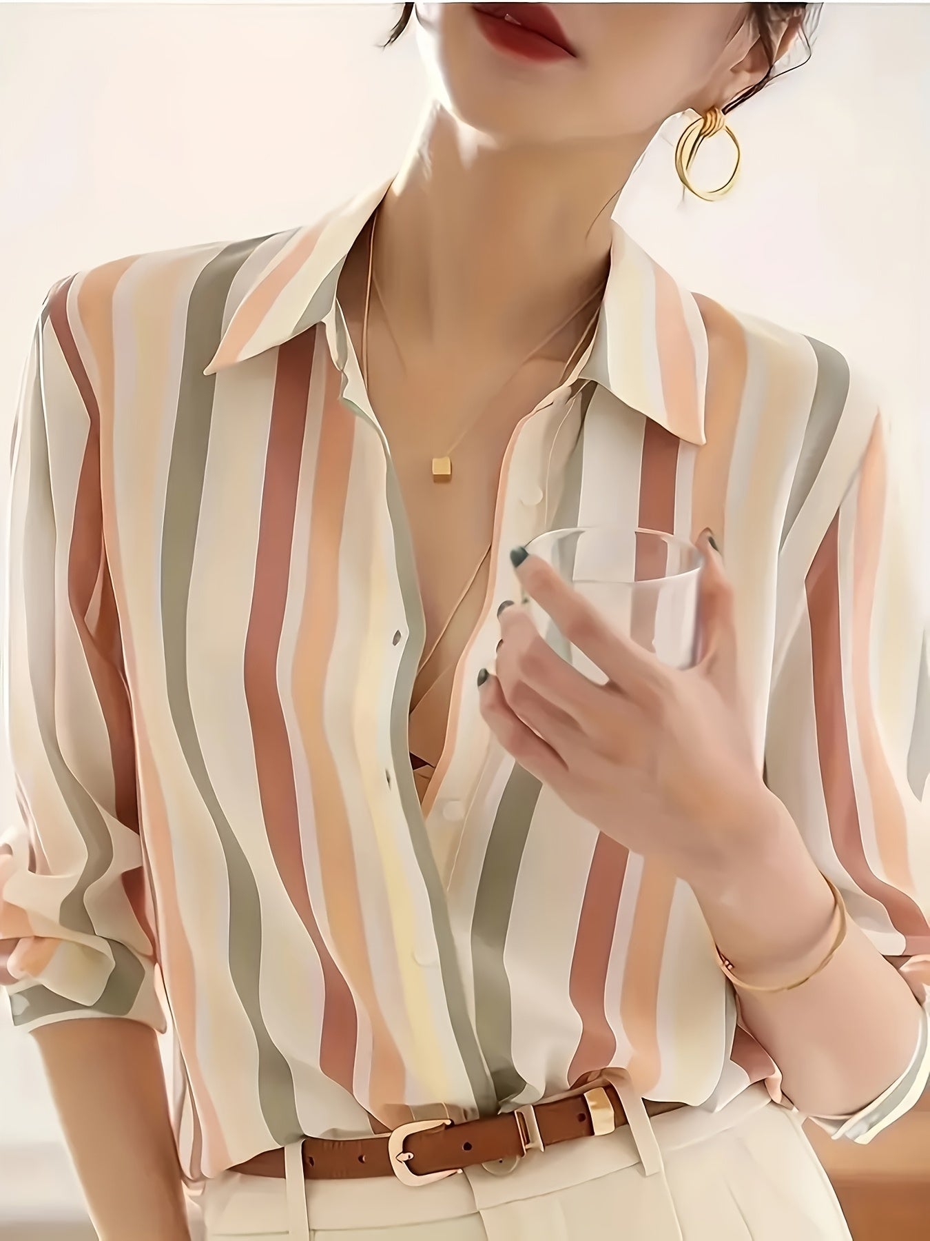 Effortless Striped Blouse for Women with Collar Long Sleeve Button Front Relaxed Style