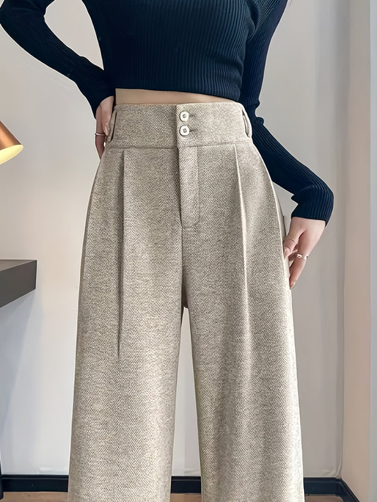 Effortless Herringbone Wide Leg Pant for Women with High Waist Button Front Pleated Tailored Style