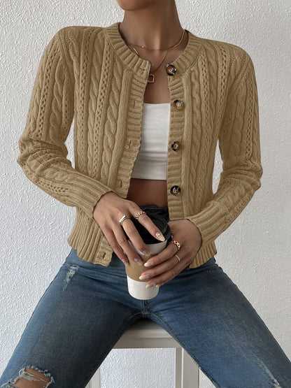 Comfortable Cable Knit Cardigan Sweater for Women with Round Neck Long Sleeve Button Front Cropped Relaxed Style