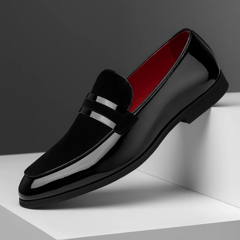 Elegant Velvet Patent Leather Loafer for Women with Pointed Toe Slip On Metallic Bar Formal Style