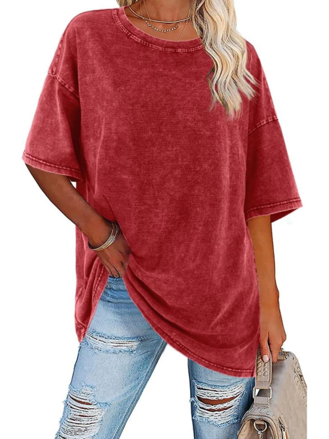 Comfortable Washed Cotton Tunic Top for Women with Crew Neck Short Sleeve Curved Hem Oversized Casual Style