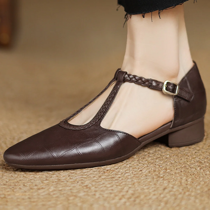 Elegant Croc Embossed T-Strap Flats for Women with Braided Strap Pointed Toe Block Heel Style