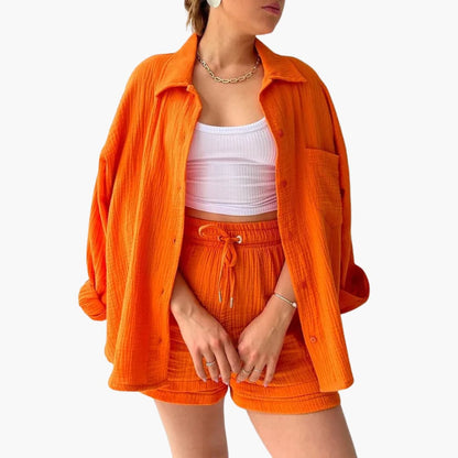 Effortless Cotton Gauze Two Piece Set for Women with Collared Button Front Long Sleeve Drawstring Shorts Relaxed Style
