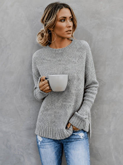 Comfortable Knit Sweater for Women with Crew Neck Bell Sleeve Side Slit Oversized Style