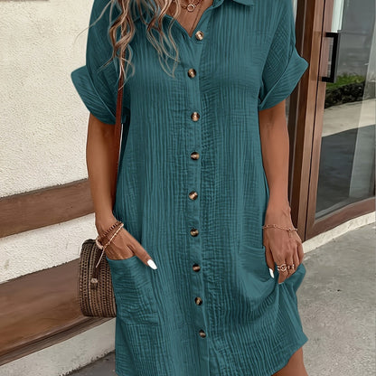 Effortless Textured Cotton Shirt Dress for Women with Collar Short Sleeve Button Front Relaxed Casual Style