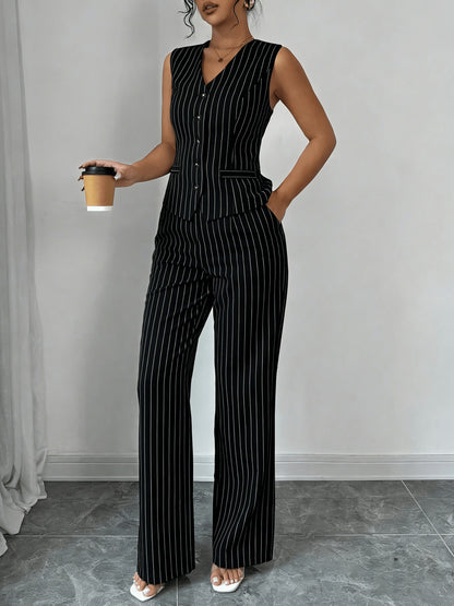 Elegant Grey Pinstripe Two Piece Set for Women with V Neck Button Front Vest Wide Leg Pant Formal Style