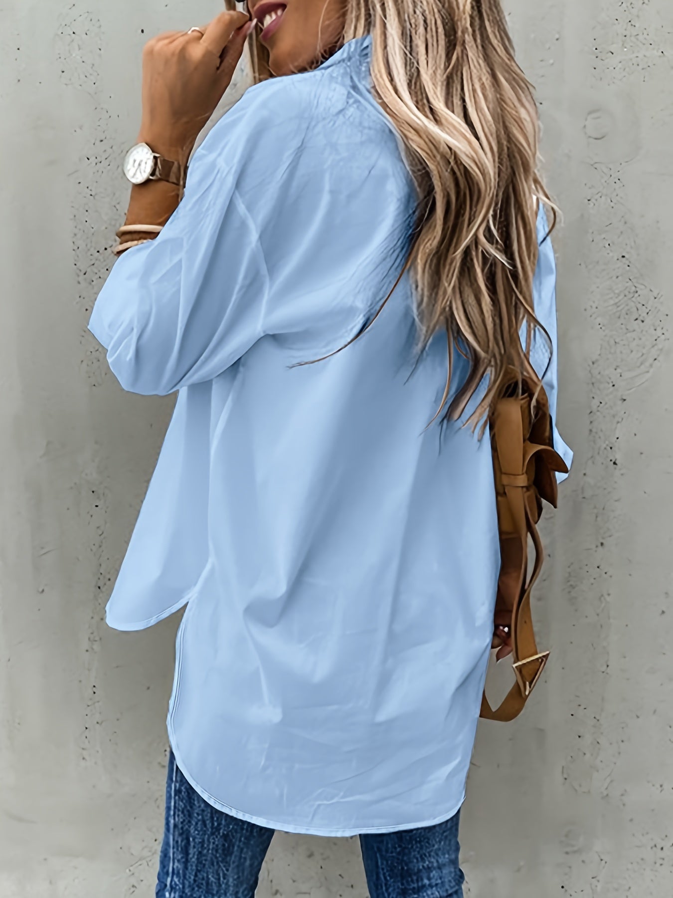 Effortless Utility Blouse for Women with Collar Long Sleeve Button Front Patch Pocket Relaxed Style
