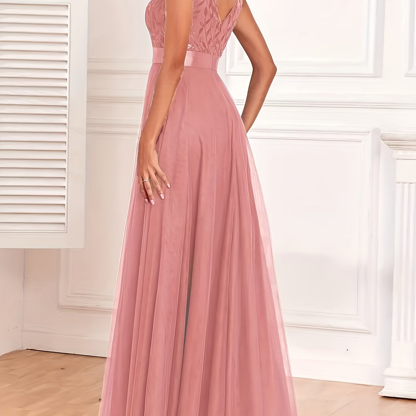 Elegant Embroidered Sequin Maxi Dress for Women with V Neck Sleeveless A Line Formal Wedding Guest Style