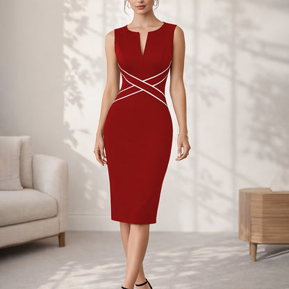 Elegant Contrast Trim Sheath Midi Dress for Women with Notch Neck Sleeveless Crisscross Waist Cocktail Style