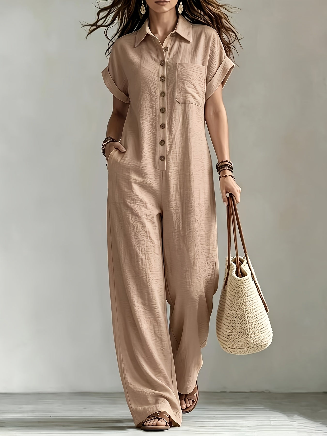 Effortless Linen Wide Leg Jumpsuit for Women with Collar Short Sleeve Button Front Relaxed Style