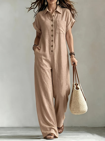 Effortless Linen Wide Leg Jumpsuit for Women with Collar Short Sleeve Button Front Relaxed Style