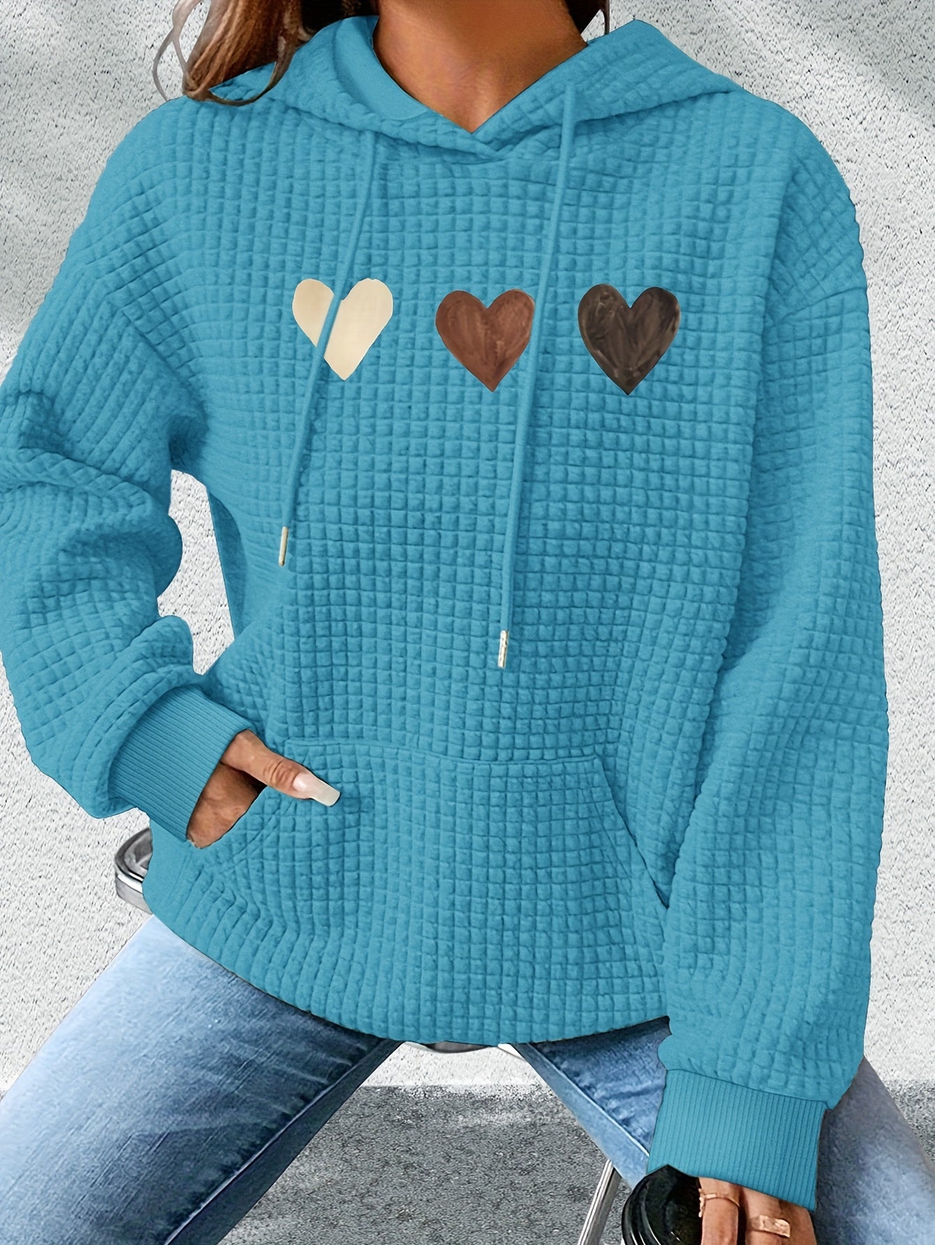 Effortless Heart Print Waffle Knit Hoodie for Women with Drawstring Hood Long Sleeve Oversized Relaxed Style