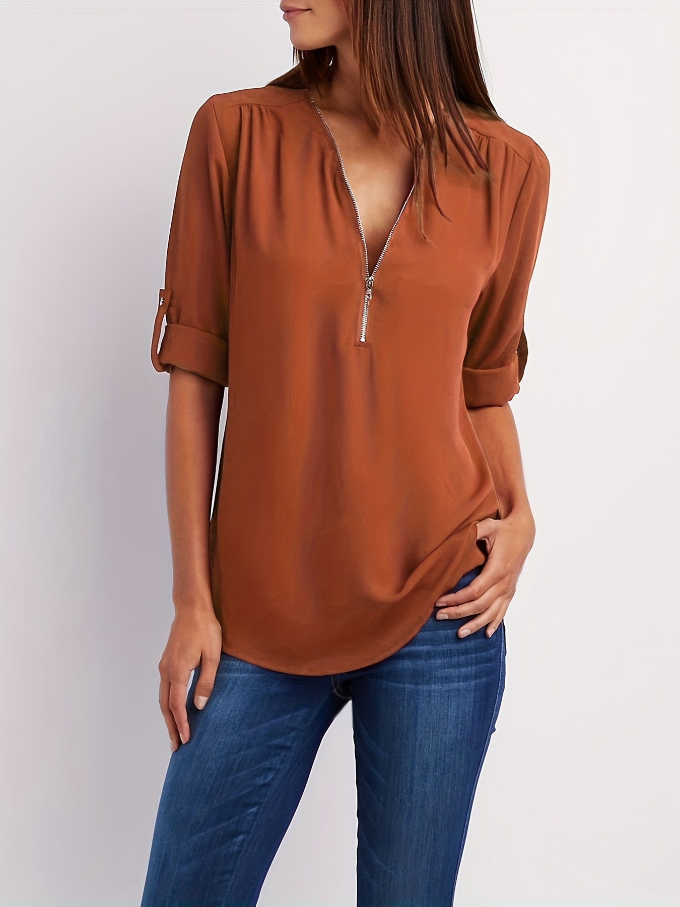 Effortless Chiffon Blouse for Women with V Neck Zip Front Roll Tab Sleeve Relaxed Style