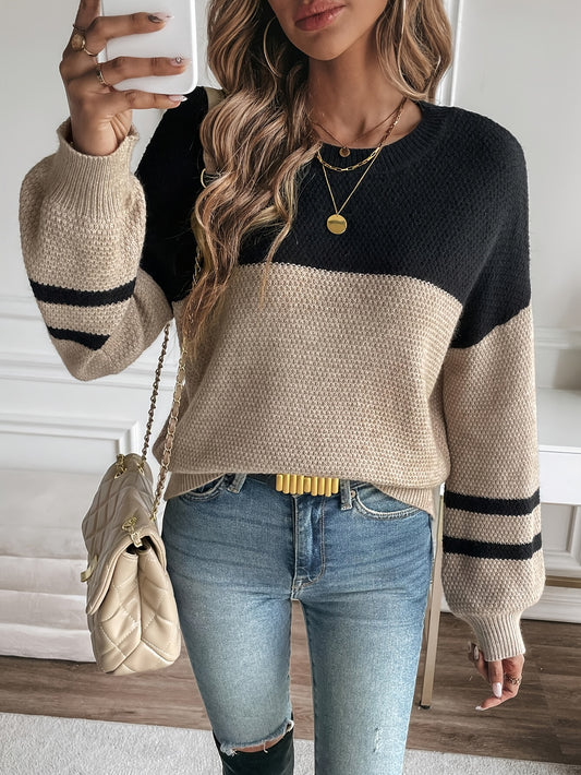 Comfortable Black Colorblock Sweater for Women with Crew Neck Long Sleeve Striped Cuff Oversized Knit Style