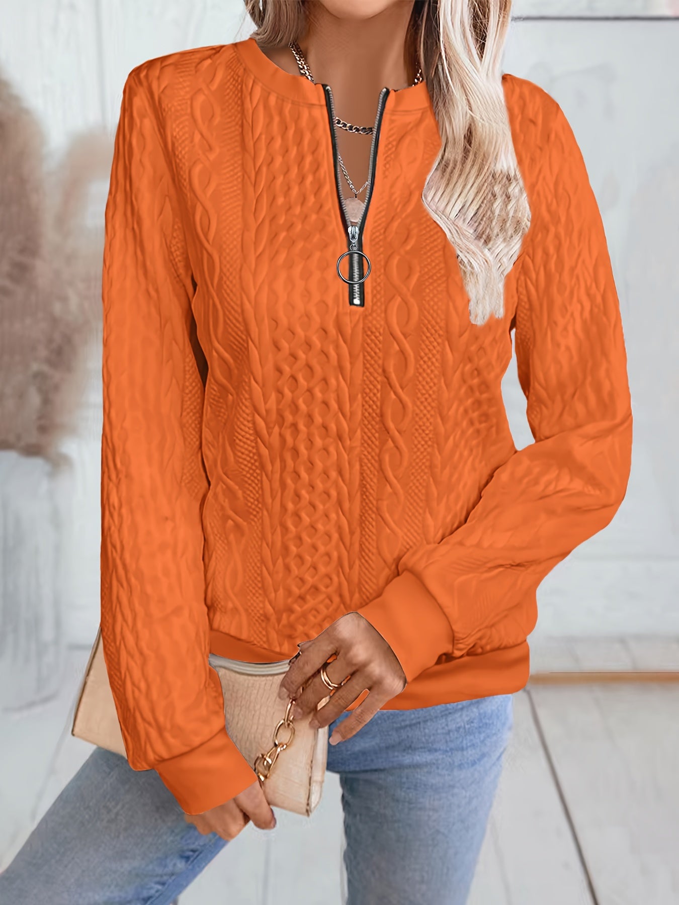 Comfortable Textured Sweater for Women with Zip Neck Long Sleeve Relaxed Oversized Knit Style