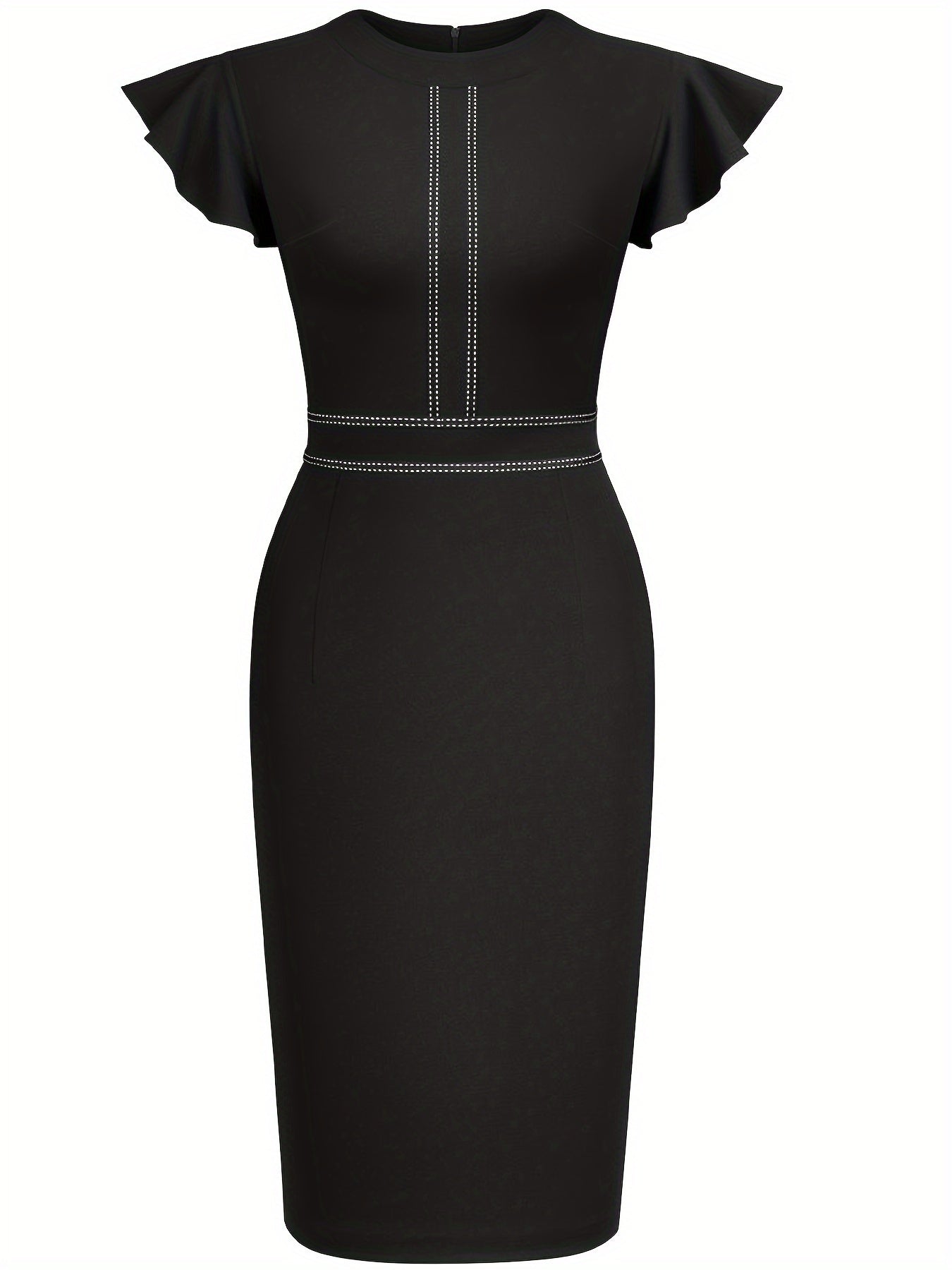 Elegant Sheath Midi Dress for Women with Round Neck Flutter Sleeve Studded Trim Bodycon Style