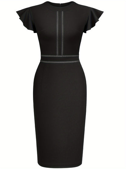 Elegant Sheath Midi Dress for Women with Round Neck Flutter Sleeve Studded Trim Bodycon Style